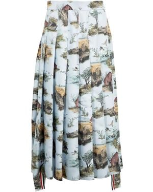 Thom Browne Pleated Scenic-Toile Midi Skirt - White