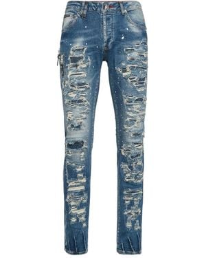 Philipp Plein Jean À Effet Taches De Peinture - Bleu