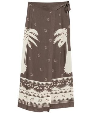 Ottod'Ame Palm Tree-Print Tie-Fastening Midi Skirt - Brown