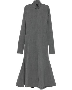 Thelatest High-Neck Flared-Hem Midi Dress - Gray