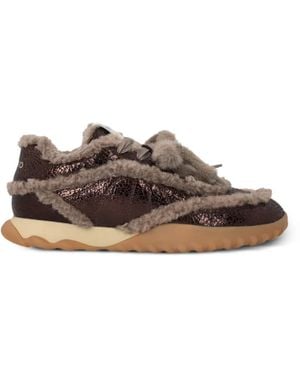 Pinko Cracked-Effect Shearling-Trim Sneakers - Brown