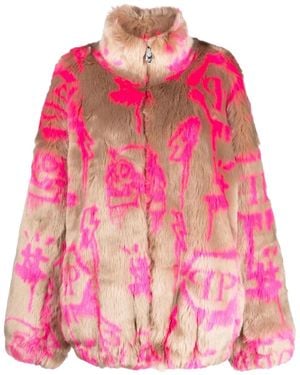 Philipp Plein Monogram-Print Faux Fur Coat - Pink