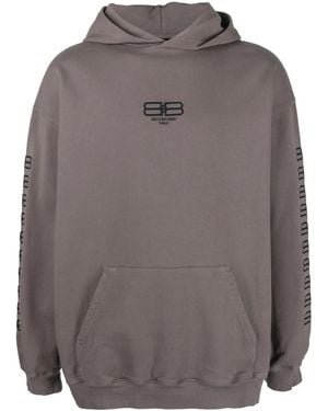 Balenciaga Embroidered-Logo Cotton Hoodie - Grey