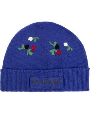 Marni Floral-Embroidered Ribbed-Trim Wool Beanie - Blue
