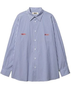 Woodbird Brooks Lion Embroidered Striped Shirt - Blue