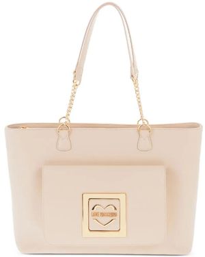Moschino Logo-Plaque Chain-Link Shoulder Bag - Natural