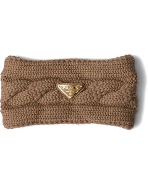 Prada Cable-Knit Triangle-Logo Headband - Brown