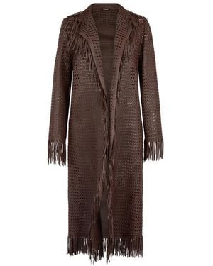 Roberto Cavalli Woven Leather Coat With Fringes - Brown