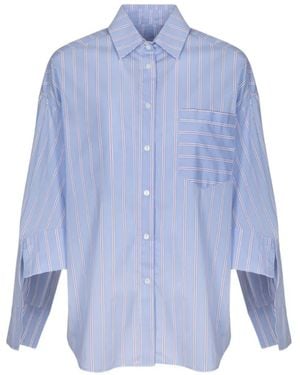 Gaelle Oversized Striped Slogan-Print Shirt - Blue