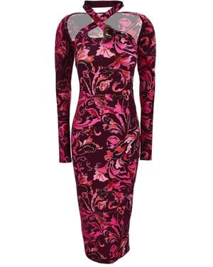 Versace Jeans Couture Abito Midi A Fiori Con Cut-Out - Rosso