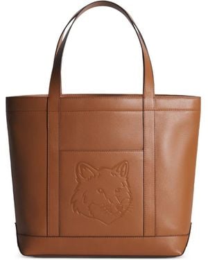 Maison Kitsuné Medium Fox Head Embossed-Leather Tote Bag - Brown