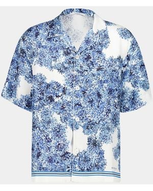 Givenchy Couture Seam Pompom Flower-Print Silk Bowling Shirt - Blue