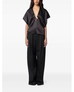Nina Ricci V-Neck Satin-Silk Top - Black
