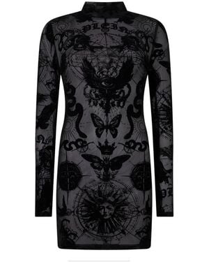 Philipp Plein Long-Sleeve Butterfly-Tattoo Mini Dress - Black