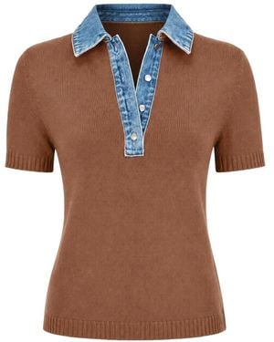 SER.O.YA Erika Denim-Collar Polo Top - Brown
