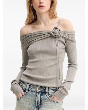 Miss Sixty Rose-Embellished Off-Shoulder Knit Top - Grey