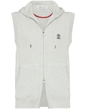 Brunello Cucinelli Cotton English Rib Knit Hooded Vest With Logo And Zipper - Grey