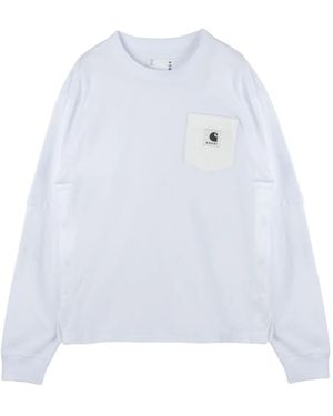 Sacai X Carhartt Wip T-Shirt A Maniche Lunghe Con Taschino Sul Petto - Bianco