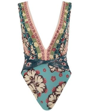 Agua Bendita Ellis Floral-Print Plunge Swimsuit - Blue