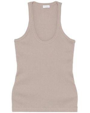 Brunello Cucinelli Ribbed Scoop-Neck Top - Natural