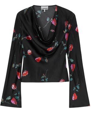 Ganni Chic Cowl Neckline Long Sleeve Top - Black