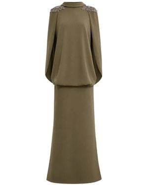 Gemy Maalouf Beaded-Shoulder High-Neck Dress - Green