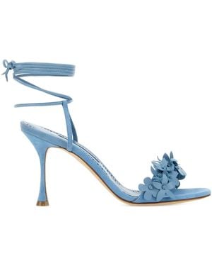 Manolo Blahnik 90Mm Flower-Embellished Lace-Up Heeled Sandals - Blue