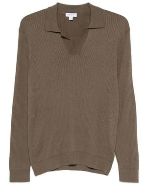 Sunspel Ribbed-Knit Long-Sleeve Polo Shirt - Brown