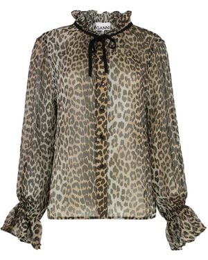 Ganni Leopard-Print Frill-Cuff Blouse - Brown