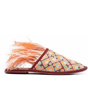 La DoubleJ Boudoir Feather-Trim Slippers - Pink