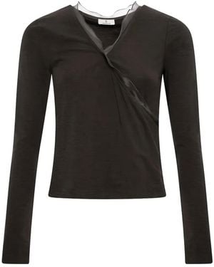 Fracomina Ruffled-Trim V-Neck T-Shirt - Black
