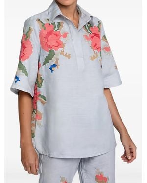 Greek Archaic Kori Blusa con bordado floral - Blanco
