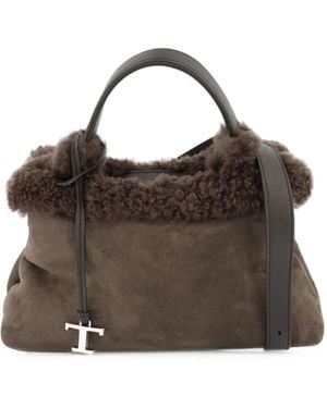 Tod's Shearling-Trim Leather Tote Bag - Brown