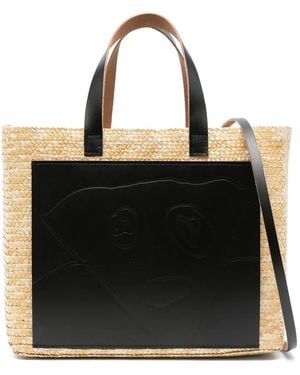 Plan C Small Florentine Logo-Patch Straw Tote Bag - Black