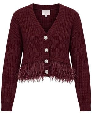 Cinq À Sept Cardigan Bordé De Plumes À Boutons En Cristal - Red
