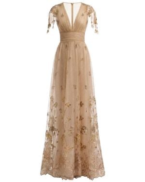 Gemy Maalouf Embroidered V-Neck Tulle Gown Dress - Natural