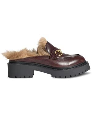 Gucci Horsebit Shearling-Lined Mules - Brown