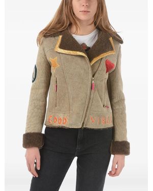 History Repeats Embroidered Zip-Up Shearling Jacket - Natural
