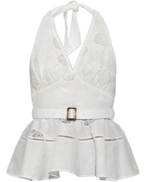 Self-Portrait Belted Floral-Embroidered Top - White