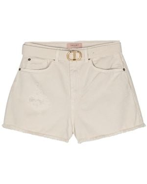 Twinset Frayed Belted Denim Shorts - Natural