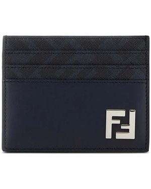 Fendi Ff Squared Leather And Ff Canvas Card Holder - Blue