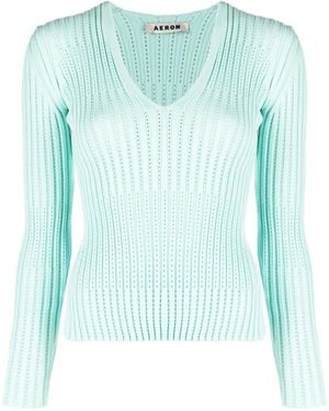 Aeron Ribbed V-Neck Long-Sleeve Top - Blue