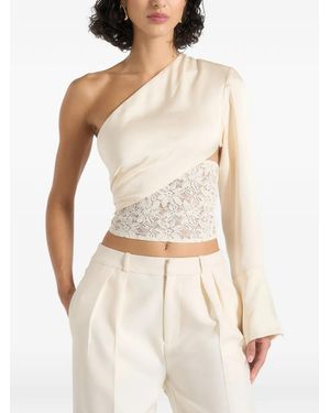 Manière De Voir One Sleeve Satin And Lace Wrap Top - White
