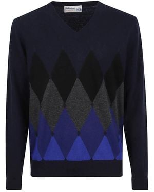 Ballantyne Argyle-pattern V-neck Sweater - ブルー