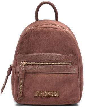 Love Moschino Logo-Plaque Faux-Suede Backpack - Brown