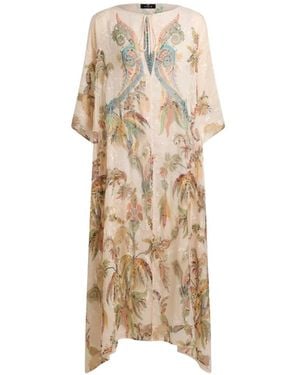 Etro Crepon Kaftan With Embroidery And Paisley Foliage Motif - Natural
