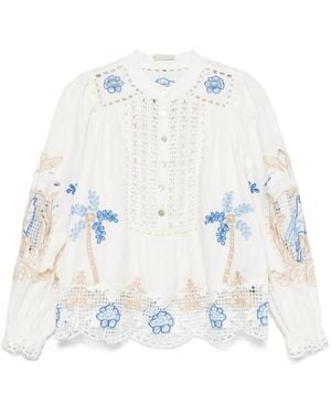 FARM Rio Floral-Embroidered Blouse - White