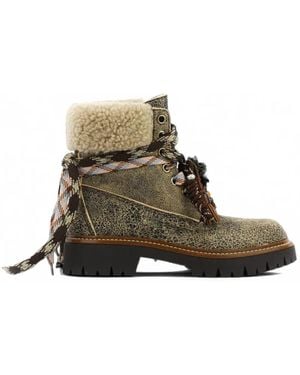 Elena Iachi Lace-Up Shearling-Trim Ankle Boots - Brown