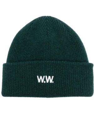 WOOD WOOD Logo-Embroidered Ribbed Wool Beanie - Green