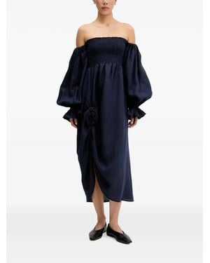 Sleeper Off-Shoulder Smocked Midi Dress - Blue